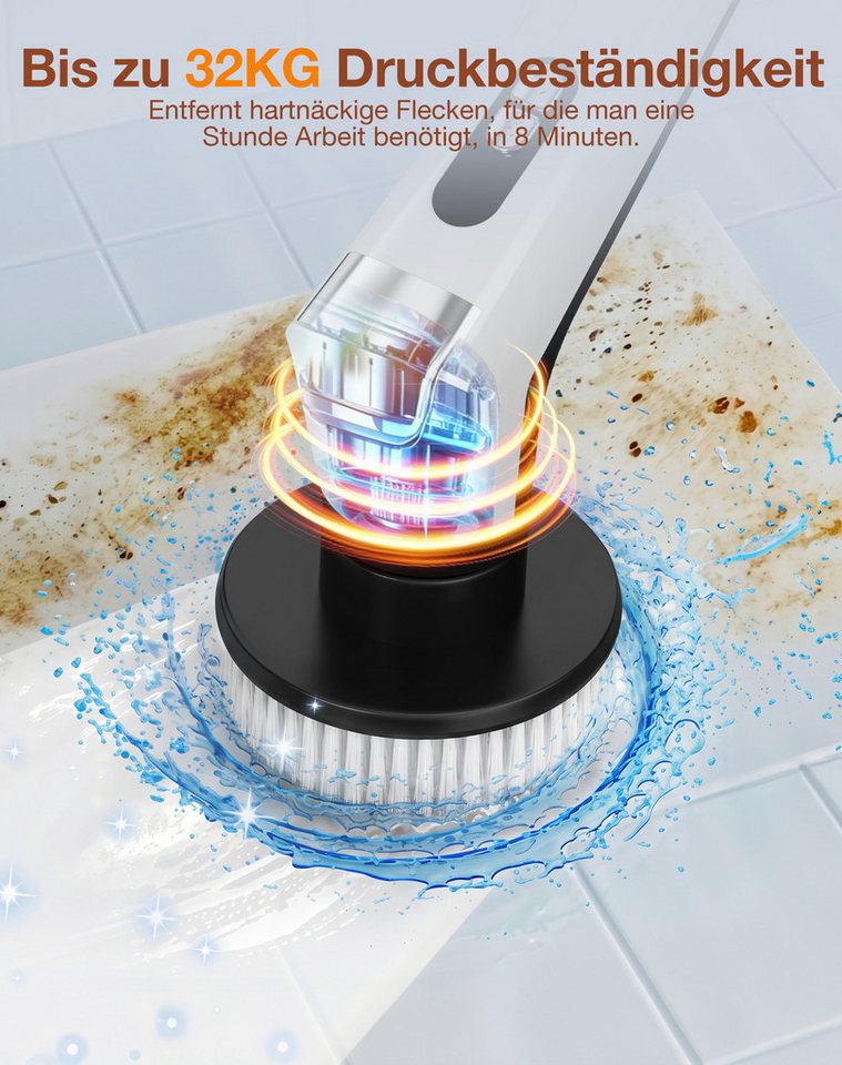 Fofile Akku-Oberflächenbürste Elektrische Reinigungsbürste mit 9 Wechselbürsten 3000 mAh Akku, 10 cm Bürstendurchmesser, IPX8 Wasserdicht, 3 Geschwindigkeiten, LED Licht, Verstellbarem Griff
