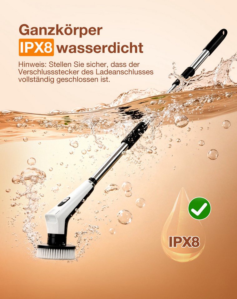 Fofile Akku-Oberflächenbürste Elektrische Reinigungsbürste mit 9 Wechselbürsten 3000 mAh Akku, 10 cm Bürstendurchmesser, IPX8 Wasserdicht, 3 Geschwindigkeiten, LED Licht, Verstellbarem Griff Bild 2