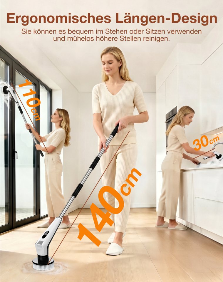 Fofile Akku-Oberflächenbürste Elektrische Reinigungsbürste mit 9 Wechselbürsten 3000 mAh Akku, 10 cm Bürstendurchmesser, IPX8 Wasserdicht, 3 Geschwindigkeiten, LED Licht, Verstellbarem Griff Bild 4