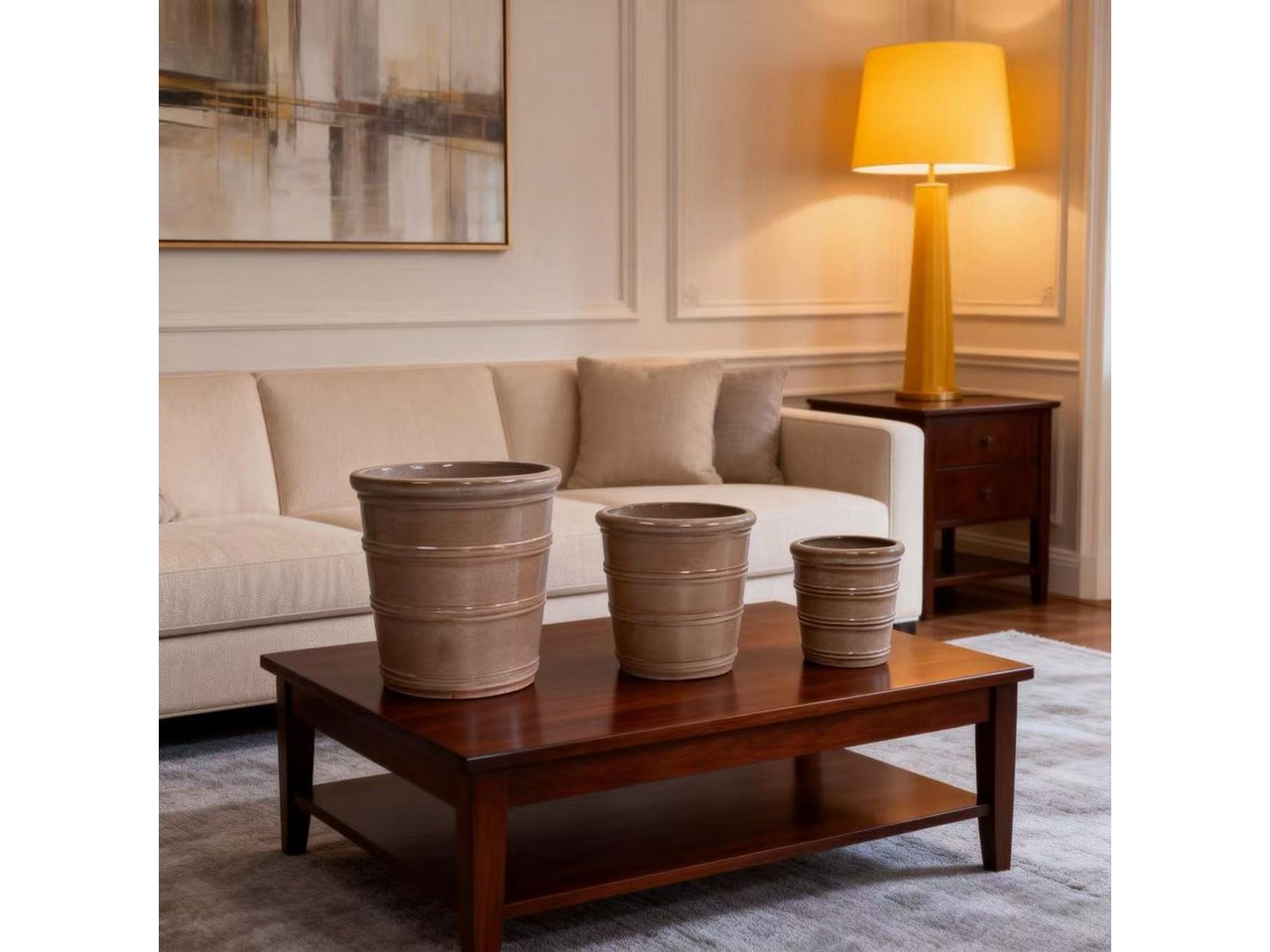 CHICFURN Blumentopf Handgefertigt mit horizontaler Rillenstruktur (Packung, 1 St., Keramik Pflanzgefäß, atmungsaktiv, frostsicher), Mit Ablauflöchern, glänzend Taupebraun, Ø 24 cm