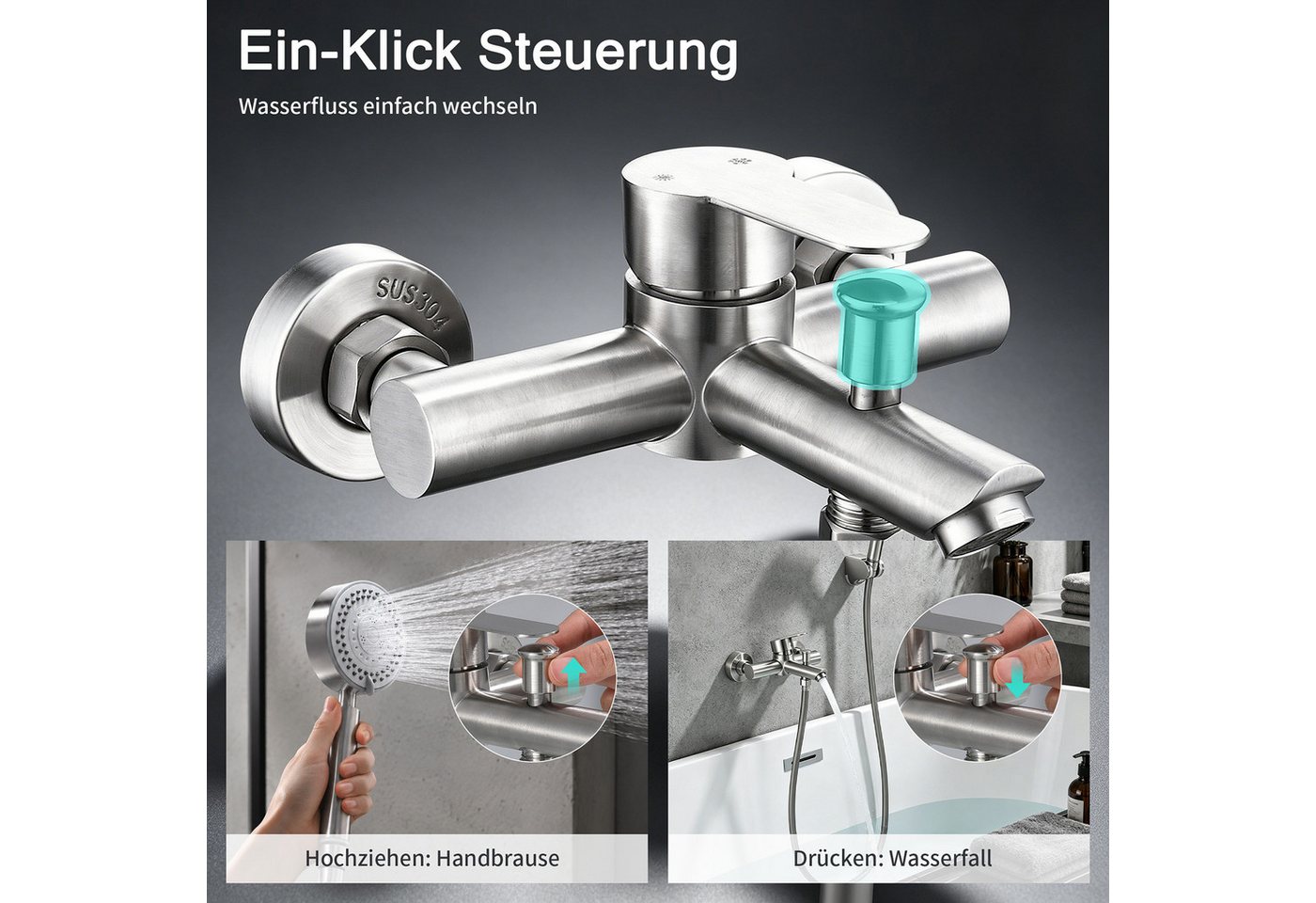 HOMELODY Wannenarmatur Badewannenarmatur Set gebürstet mit 4-strahliger Handbrause,Edelstahl Edelstahl Duscharmatur Wandmontage mit G1/2 Anschluss Bild 5