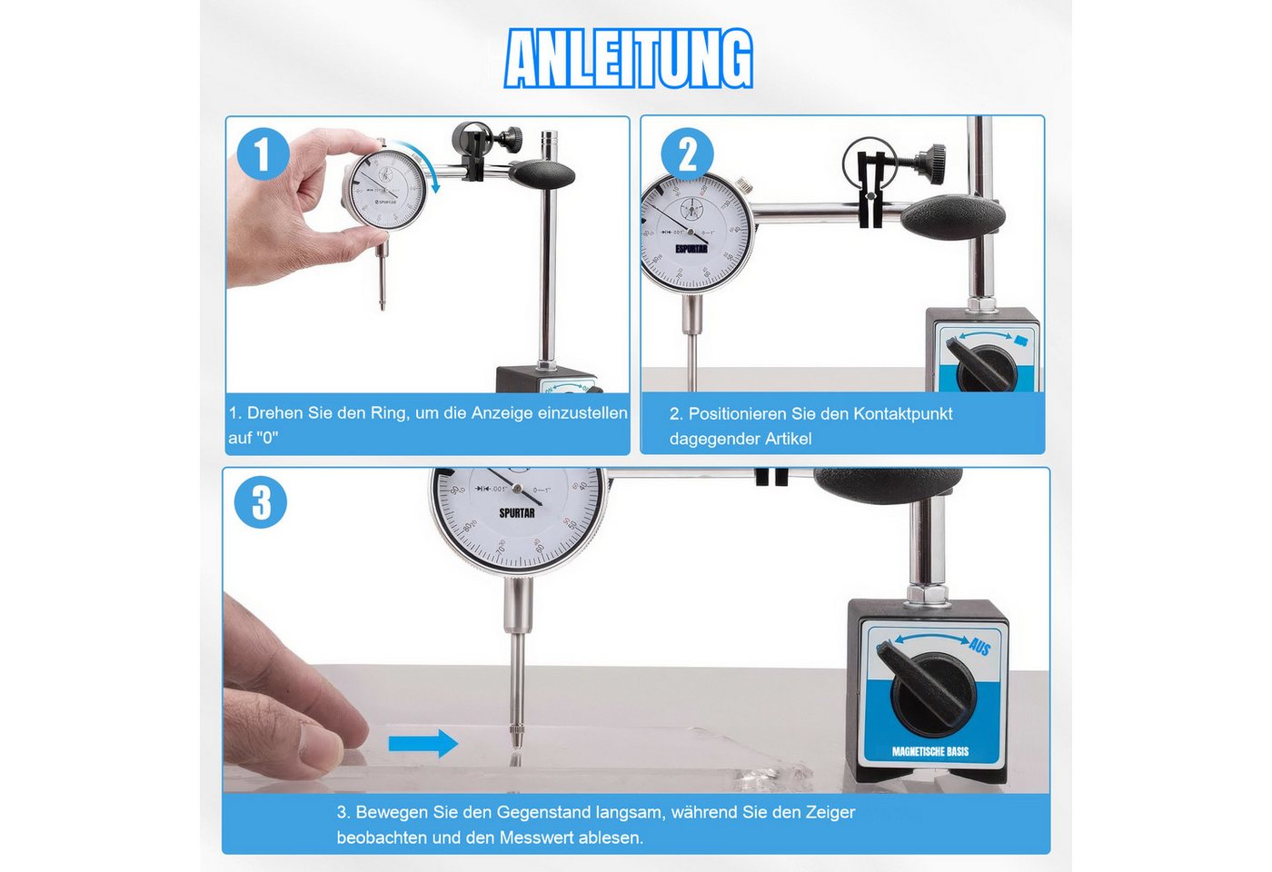 BlingBin Bohrlehre Magnetische Messuhr,0–10 Mm Bereich, 0,01 Mm Auflösung, 5x5 mm, Messuhren, 1 Set, 1-tlg., Präzisions-Inspektionswerkzeug mit Magnetischer Basis, Verstellbarer Langer Arm für Werkstatt, Labor, Formenbau