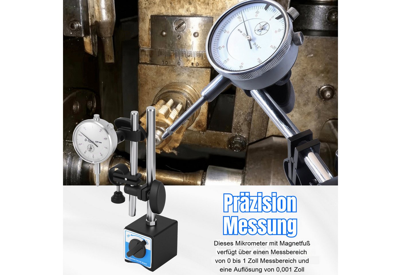 BlingBin Bohrlehre Magnetische Messuhr,0–10 Mm Bereich, 0,01 Mm Auflösung, 5x5 mm, Messuhren, 1 Set, 1-tlg., Präzisions-Inspektionswerkzeug mit Magnetischer Basis, Verstellbarer Langer Arm für Werkstatt, Labor, Formenbau Bild 3