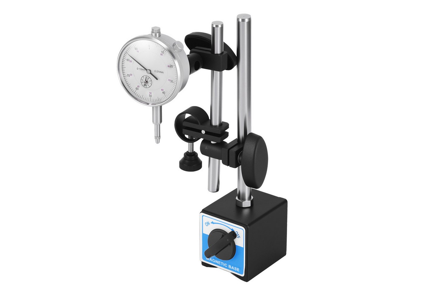 BlingBin Bohrlehre Magnetische Messuhr,0–10 Mm Bereich, 0,01 Mm Auflösung, 5x5 mm, Messuhren, 1 Set, 1-tlg., Präzisions-Inspektionswerkzeug mit Magnetischer Basis, Verstellbarer Langer Arm für Werkstatt, Labor, Formenbau Bild 4
