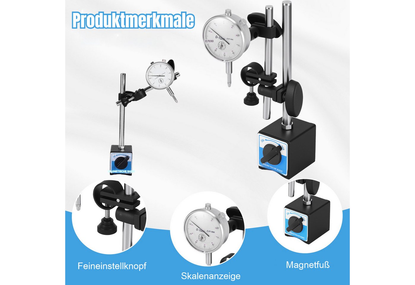 BlingBin Bohrlehre Magnetische Messuhr,0–10 Mm Bereich, 0,01 Mm Auflösung, 5x5 mm, Messuhren, 1 Set, 1-tlg., Präzisions-Inspektionswerkzeug mit Magnetischer Basis, Verstellbarer Langer Arm für Werkstatt, Labor, Formenbau Bild 5