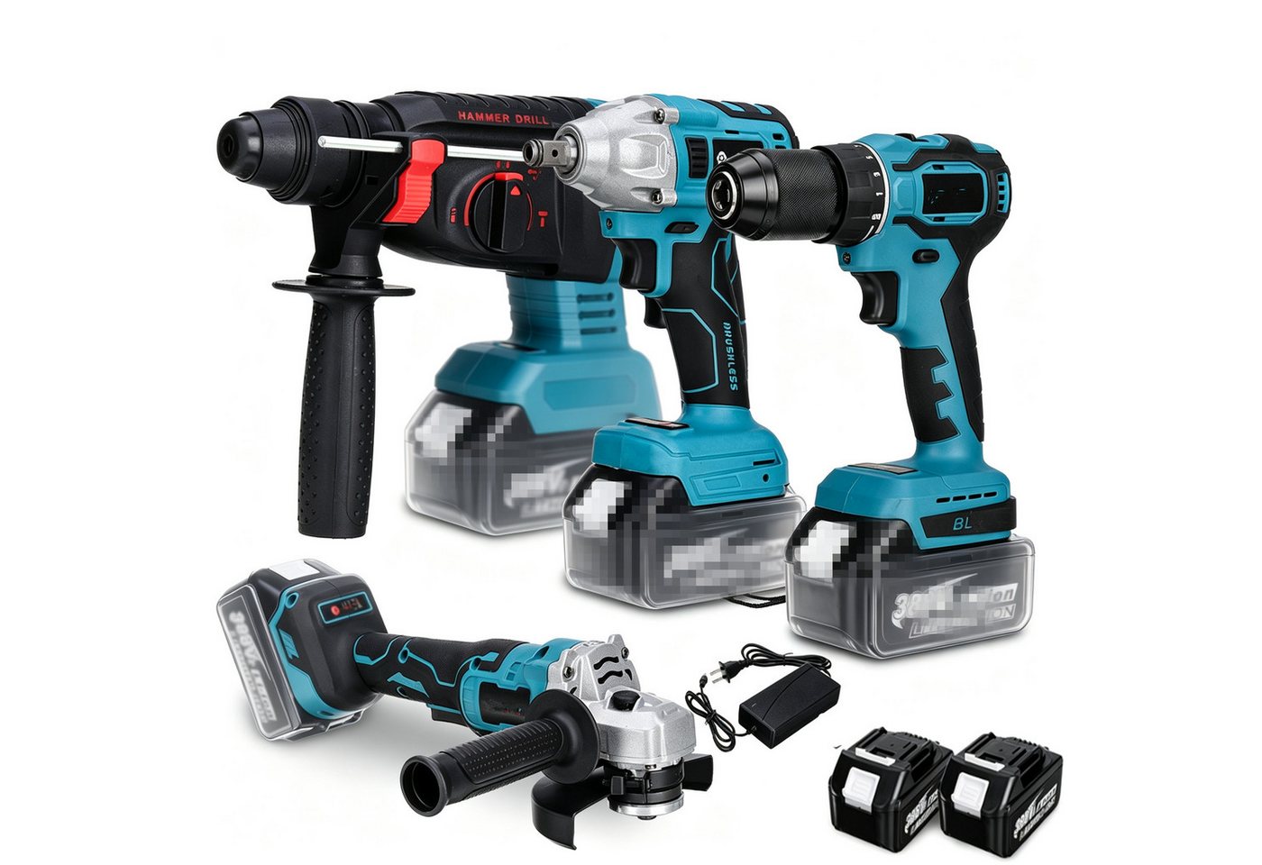 AUDEW Akku-Bohrschrauber 4 in1 Professional Elektrowerkzeug-Set inkl. Bohrhammer, (125mm Winkelschleifer, Akku-Bohrmaschine, Schraubenschlüssel), mit 2 Akkus Set