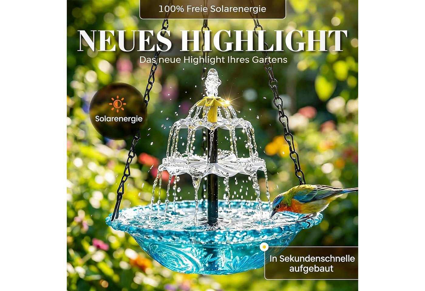 FELIXLEO Gartenbrunnen Solar Vogelbad Wasserfall Brunnen Hängend Solarpumpe Gartendeko