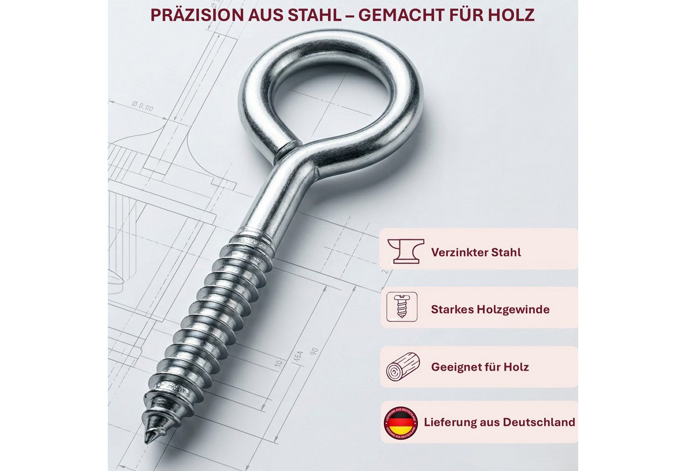 HOOZ Ringschrauben, (Augenösenschraube, 50 St., Einschraubhaken Ring), Belastbare Schraubhaken Ring aus robustem Stahl mit Holzgewinde