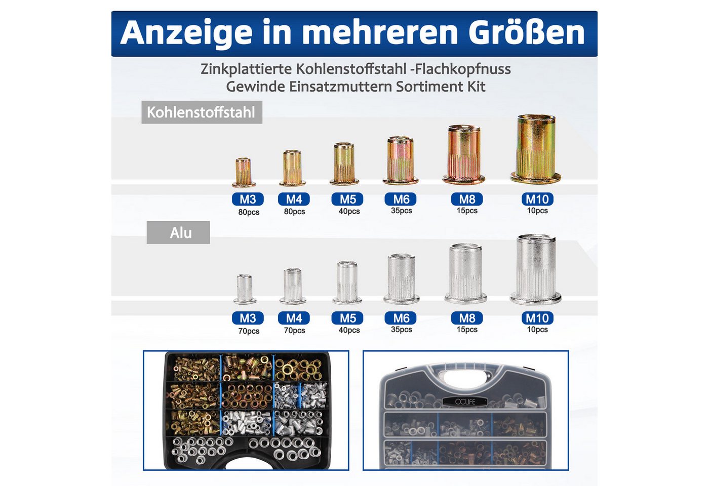 CCLIFE Niete 500tlg Nietmuttern Sortiment M3 M4 M5 M6 M8 M10 Flachkopf Bild 5