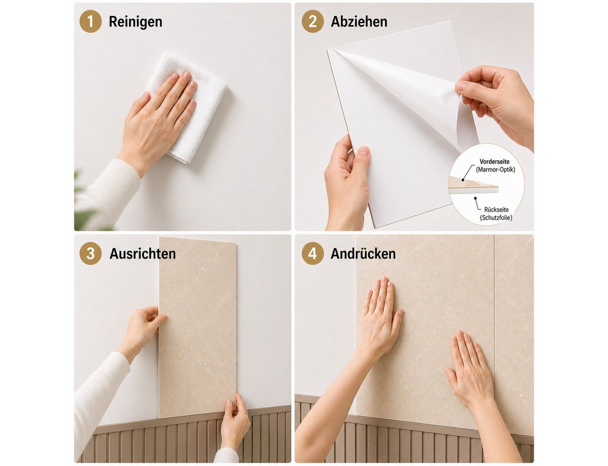 H-basics Fliesenaufkleber Klebefliesen Weiß 60×30 cm 10 Stk 3D Fliesenoptik selbstklebend (Marmor Optik), Wasserfest, Hitzebeständig, Für Innenbereiche geeignet, Pflegeleicht Bild 2
