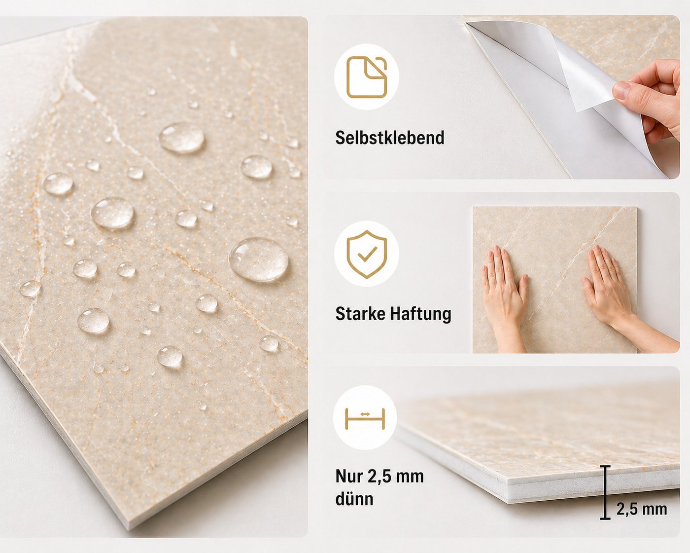 H-basics Fliesenaufkleber Klebefliesen Weiß 60×30 cm 10 Stk 3D Fliesenoptik selbstklebend (Marmor Optik), Wasserfest, Hitzebeständig, Für Innenbereiche geeignet, Pflegeleicht Bild 3