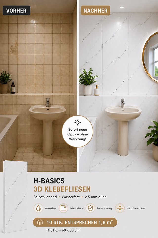H-basics Fliesenaufkleber Klebefliesen Weiß 60×30 cm 10 Stk 3D Fliesenoptik selbstklebend (Marmor Optik), Wasserfest, Hitzebeständig, Für Innenbereiche geeignet, Pflegeleicht Bild 4