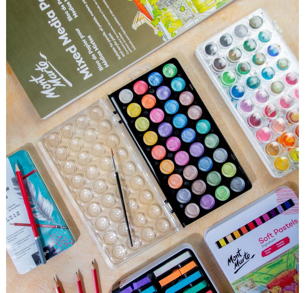 Mont Marte Aquarellfarbe SIGNATURE Wasserfarben Set - 36 Metallic Aquarellfarben mit 1 Pinsel, – Ideal für Aquarellmalerei – Für Kinder, Schüler, Anfänger & Künstler