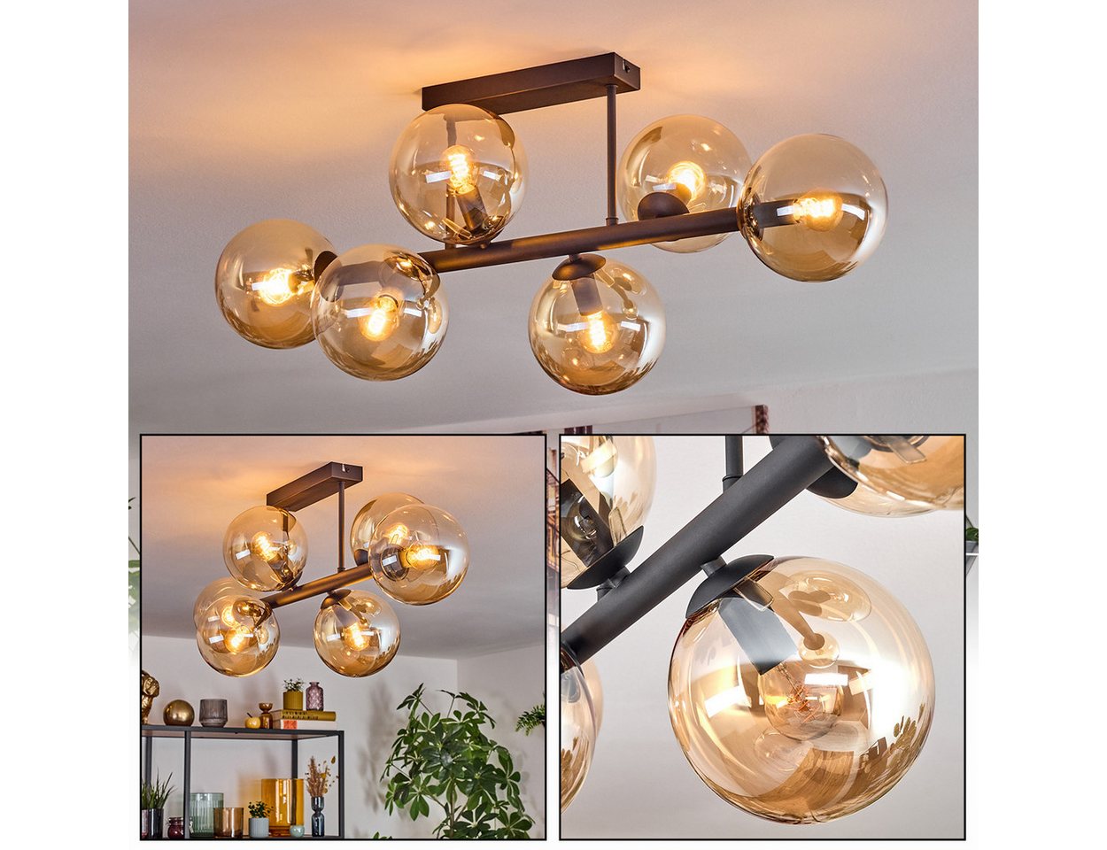 hofstein Deckenleuchte 6-flammige Deckenlampe aus Metall/Glas in Schwarz/Rauch/Bernstein, ohne Leuchtmittel, im Retro/Vintage-Design (Schirme Ø 15 cm), E14 Bild 5