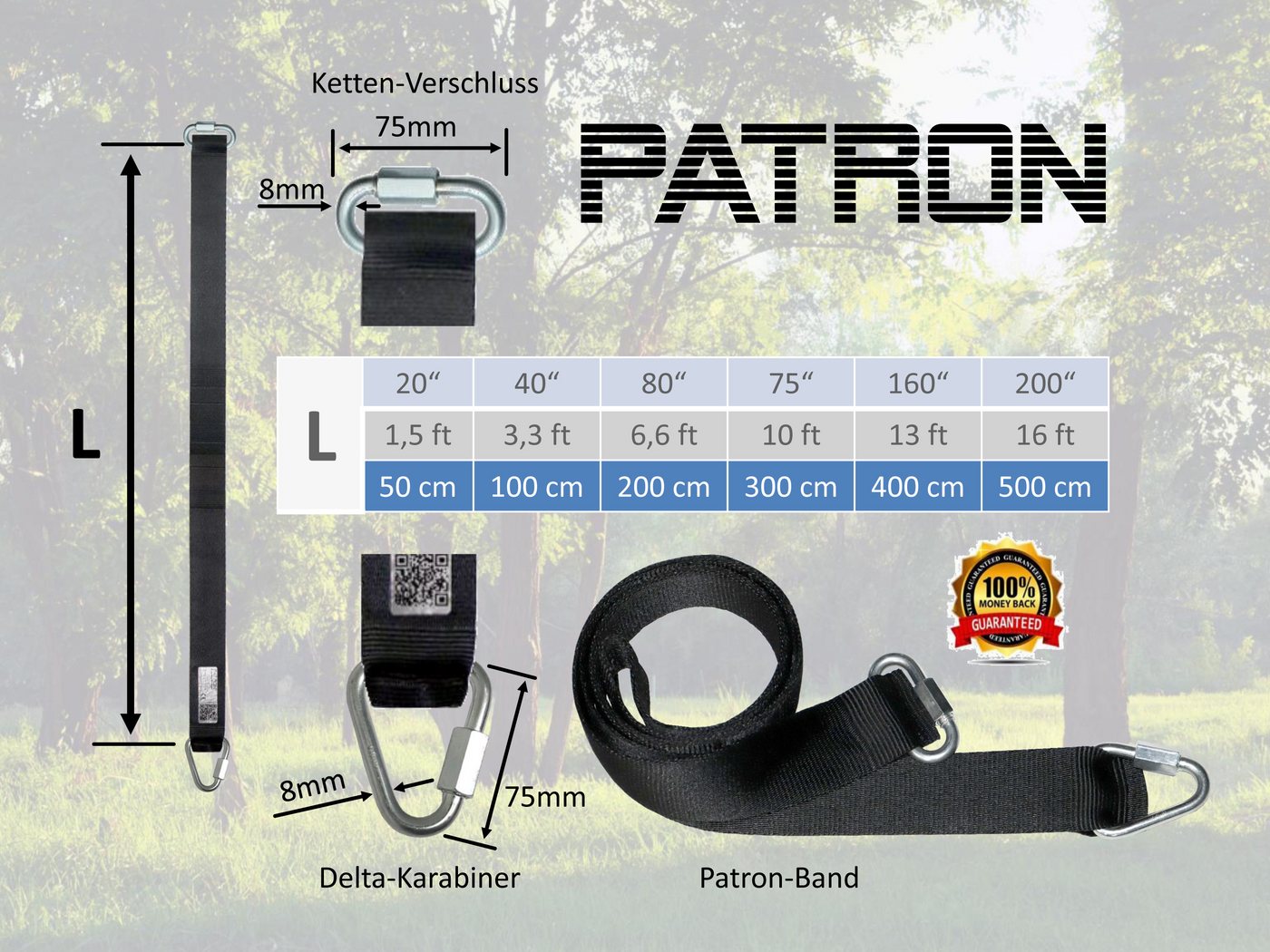 PATRON Schaukelhaken PATRON® Baumschlinge 3m Made in Germany 2 Karabiner Gratis Hightech