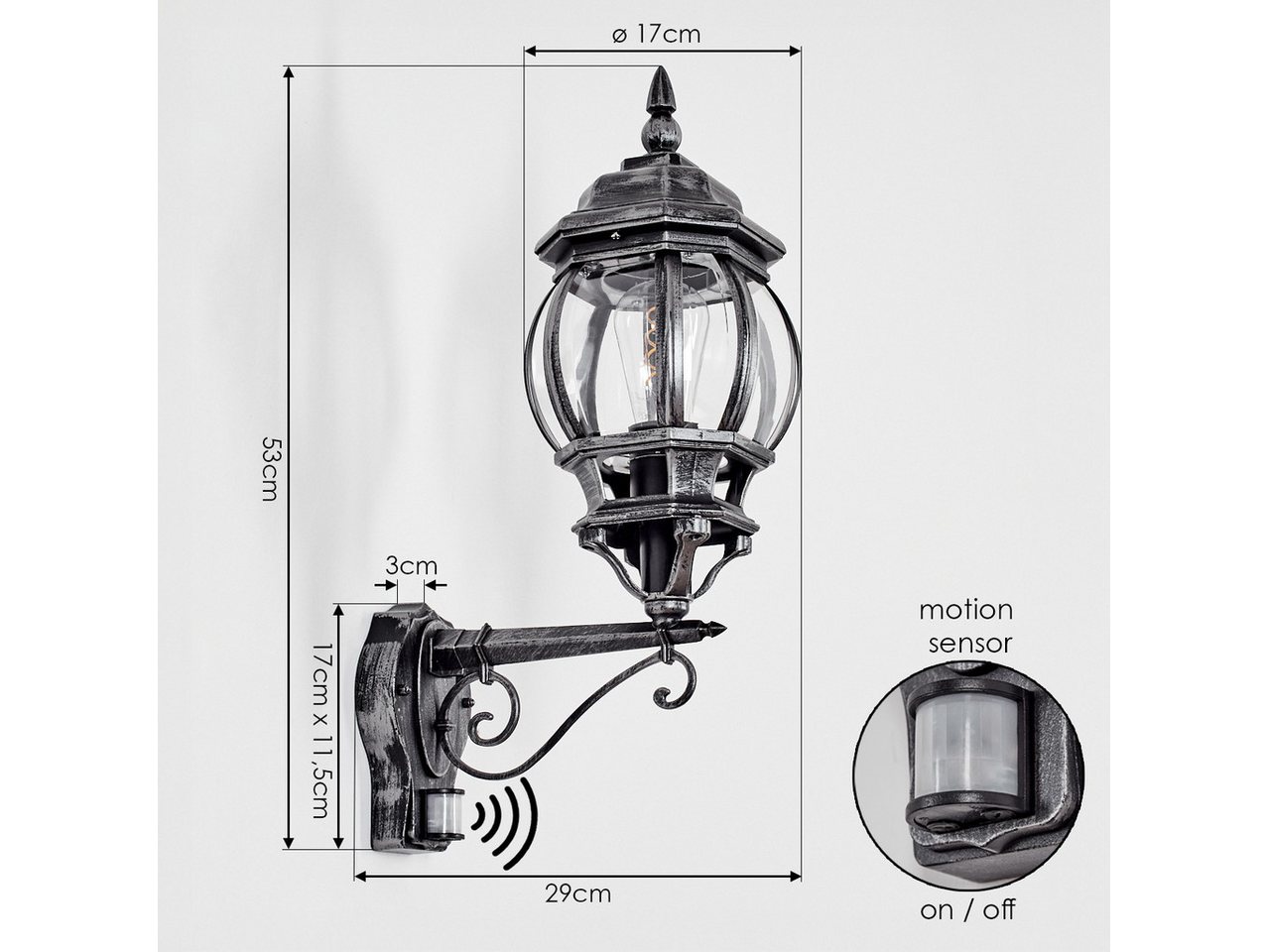 hofstein Außen-Wandleuchte Außenwandlampe mit Bewegungsmelder, Metall/Glas in Schwarz/Silber/Klar, ohne Leuchtmittel, Wandleuchte außen aufwärts im Retro/Vintage/Antik-Design, E27, IP44