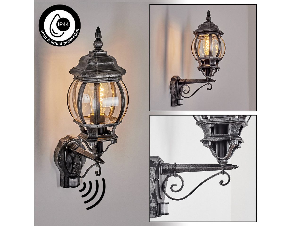 hofstein Außen-Wandleuchte Außenwandlampe mit Bewegungsmelder, Metall/Glas in Schwarz/Silber/Klar, ohne Leuchtmittel, Wandleuchte außen aufwärts im Retro/Vintage/Antik-Design, E27, IP44 Bild 5