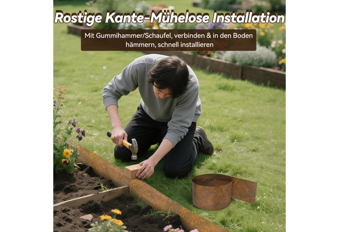 FIVMEN Rasenkante 5m/10m Beetbegrenzung aus Metall mit Rost, Verzinkt Rasenbleche Mähkante Flexible, 14cm/15 Hoch Bild 4