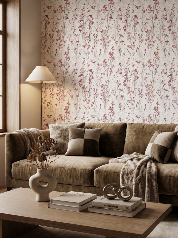 Newroom Vliestapete Lunara Purpur Tapete Vliestapete Blumen, Floral, Blumenranke, strukturiert, Mustertapete Bild 4
