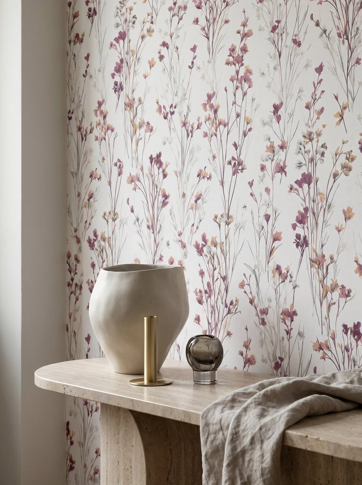 Newroom Vliestapete Lunara Purpur Tapete Vliestapete Blumen, Floral, Blumenranke, strukturiert, Mustertapete Bild 5