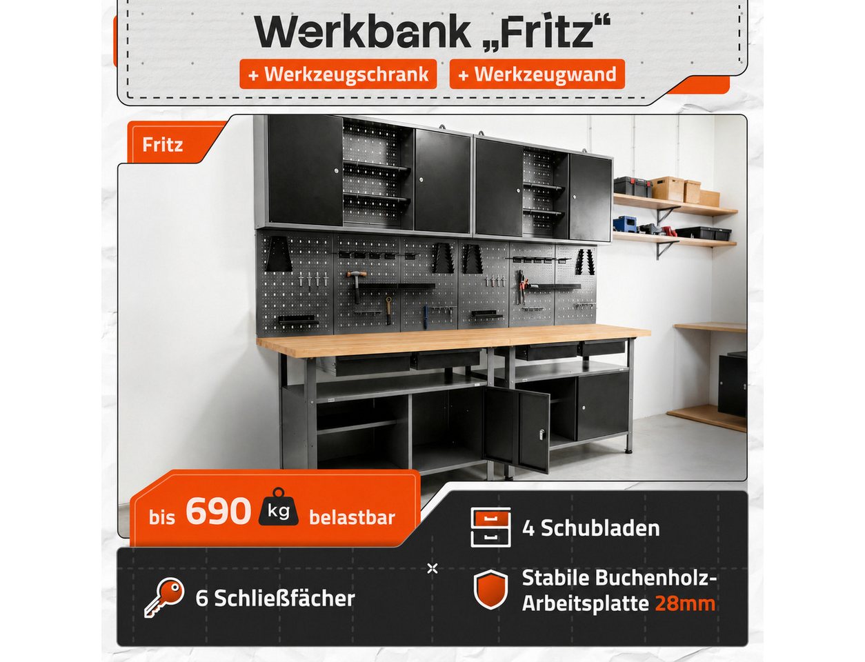 ONDIS24 Werkstatt-Set Ondis24 Werkstatt Set 240cm Werkbank Metallschrank Lochwand