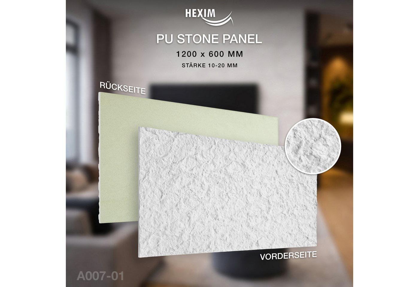Hexim 3D Wandpaneel, (Steinoptik 2 Stück 120x60cm – Felswand PU Wandverkleidung, Täuschend echte Bruchstein 3D Paneele für Wohnzimmer – 2cm starke Stone Steinplatte weiß (1,44m² White) Bild 4
