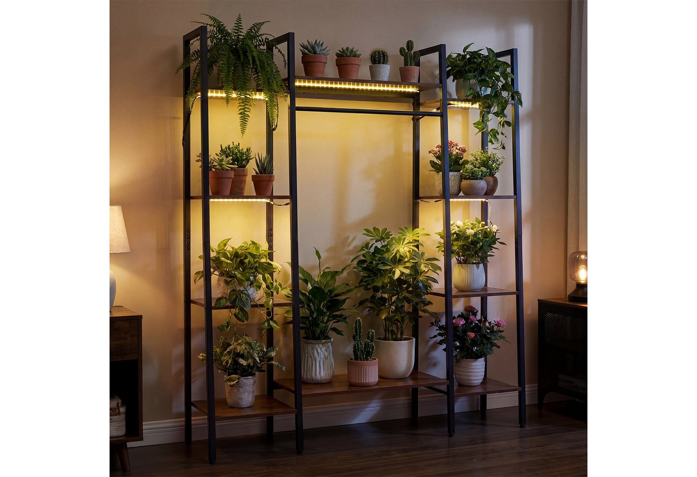 COSTWAY Blumenständer Holz & Metall, mit Licht, Pflanzenständer Balkon 10 Ebenen