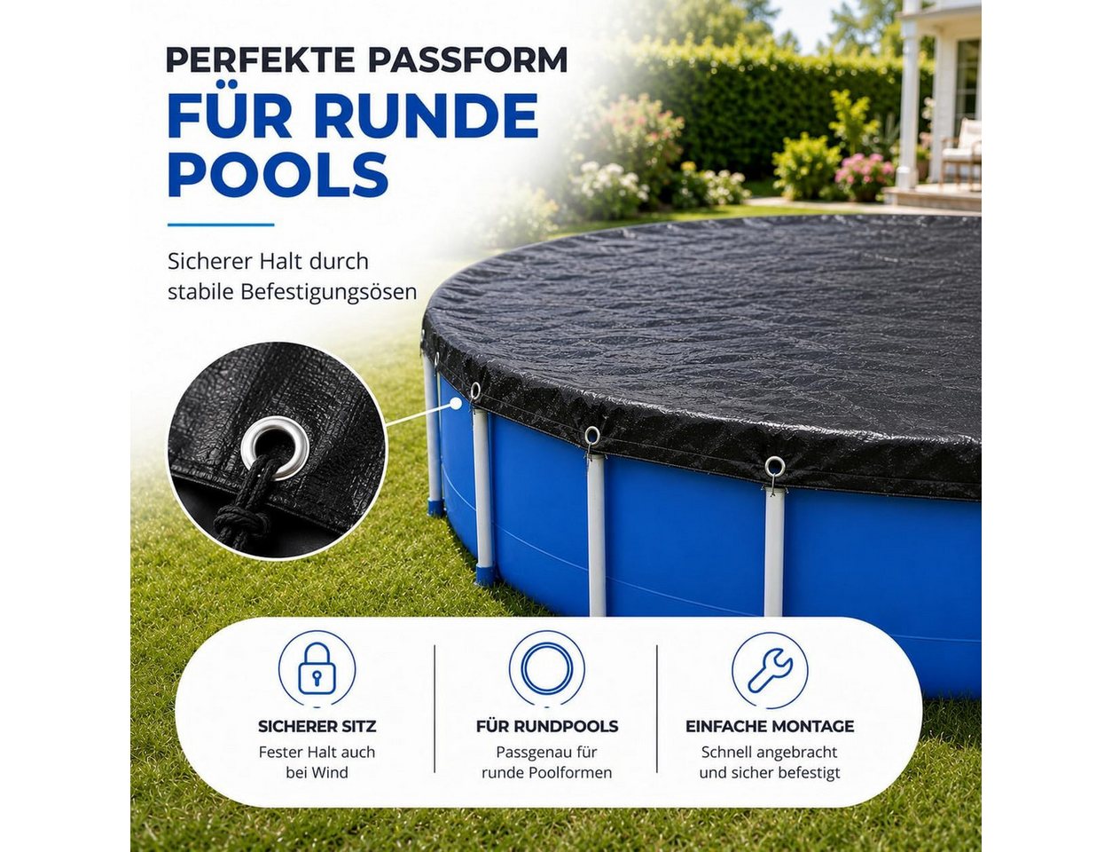 TK Gruppe Poolüberdachung Poolabdeckung rund – Extra starke 200 g/m² Poolplane schwarz