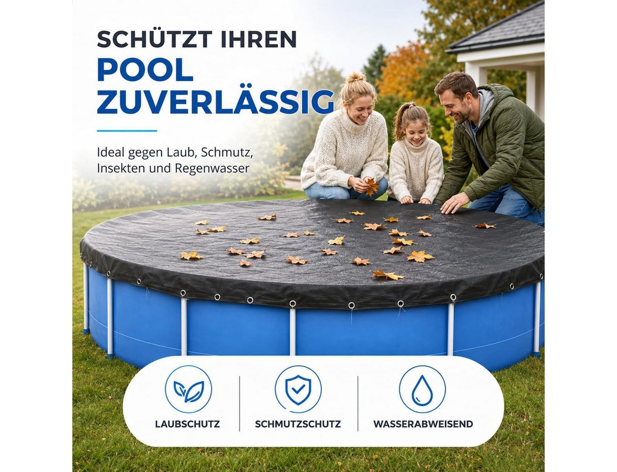 TK Gruppe Poolüberdachung Poolabdeckung rund – Extra starke 200 g/m² Poolplane schwarz Bild 3