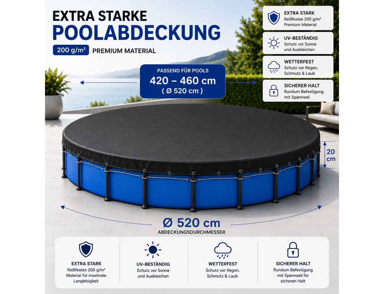 TK Gruppe Poolüberdachung Poolabdeckung rund – Extra starke 200 g/m² Poolplane schwarz Bild 5