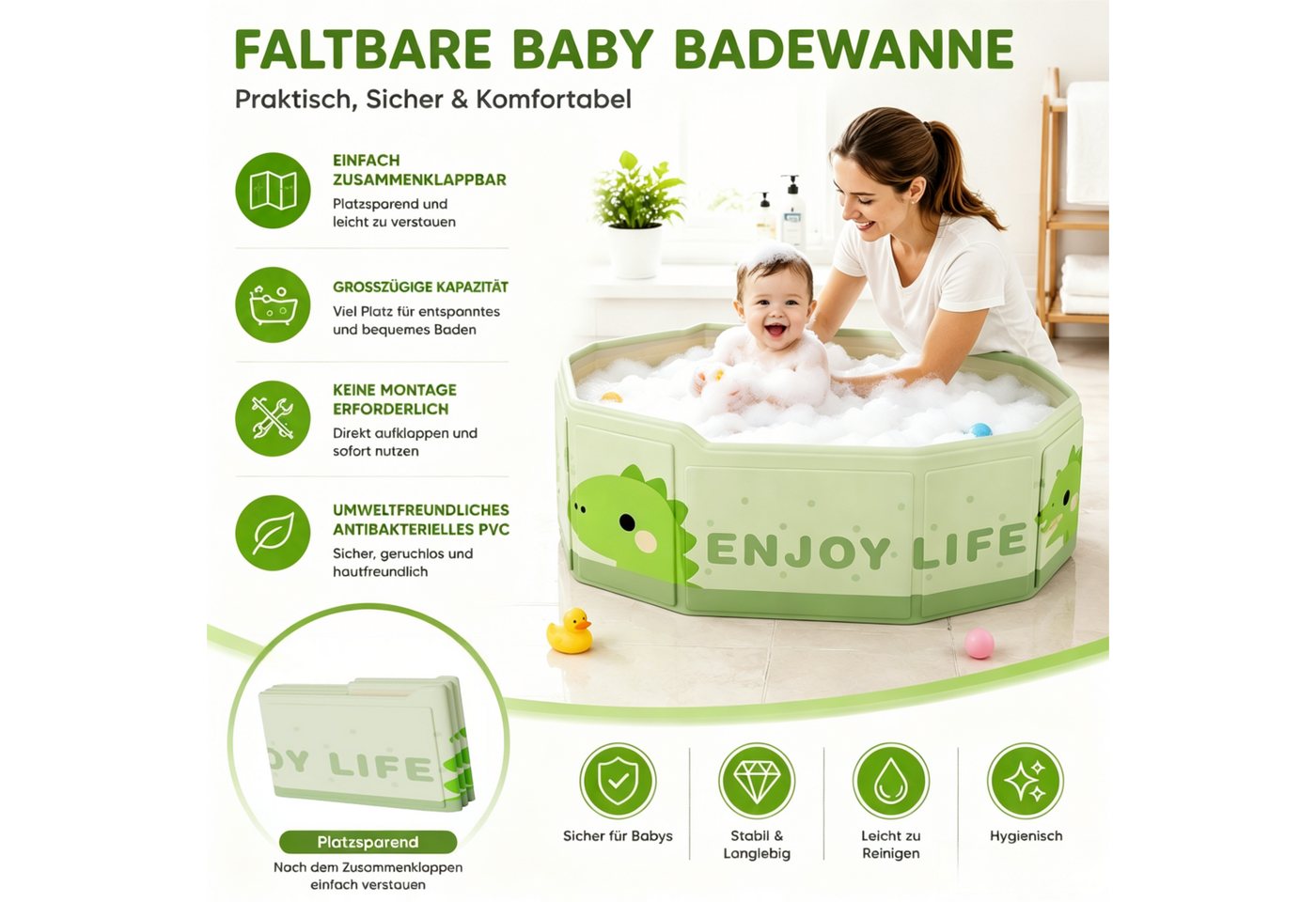 Toomoke Babybadewanne Faltbare Badewanne für Kinder,Tragbares Waschbecken,75 x 45 x 23cm, (mit 28 cm Rückenlehne,für Neugeborene und Kleinkinder), BPA-frei, Rutschfest,Sicher,umweltfreundliches PVC Bild 3
