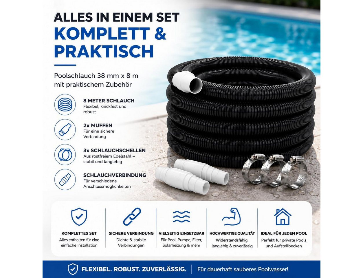 TK Gruppe Poolschlauch Poolschlauch mit Muffen 38mm x 8m – Schlauchschellen & Verbinder, (1 St) Bild 5