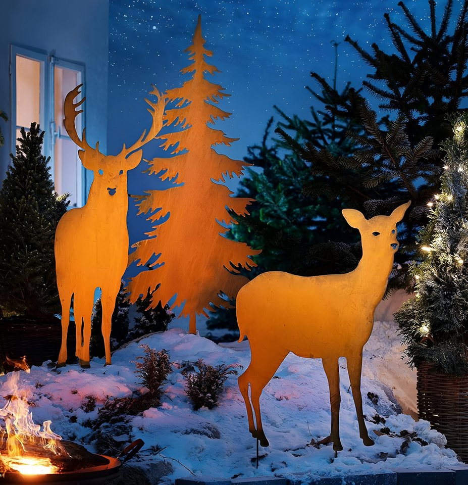 Dekoleidenschaft Gartenstecker Reh, Hirsch oder Tanne aus Metall mit Echt Rost, große Weihnachtsdeko (1-St) Gartendeko für Draußen, Rostdeko, Roststecker Bild 2