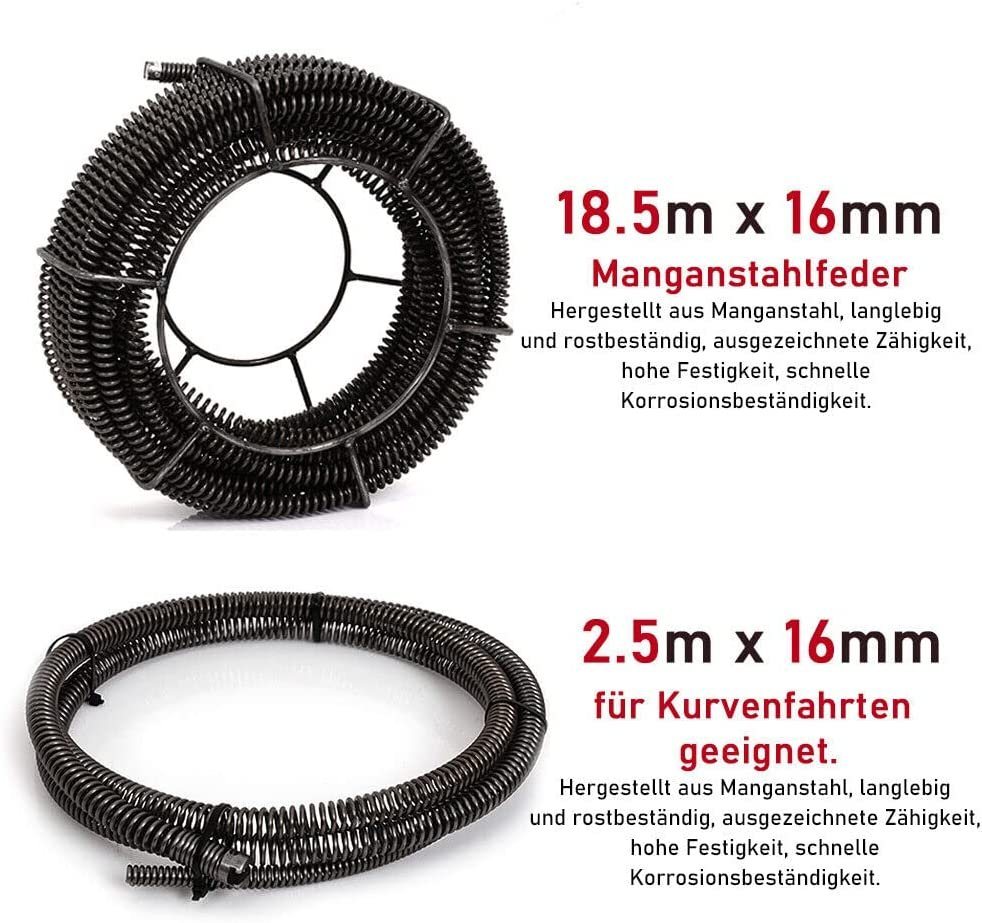 XERSEK Rohrreinigungsspirale 500W Rohrreinigungsmaschine Rohrreinigungsgerät für Ø30-100mm 8 Köpfe, Ø 16mm 39.5m Federspirale und Ø 10mm 5m Federspirale Bild 4