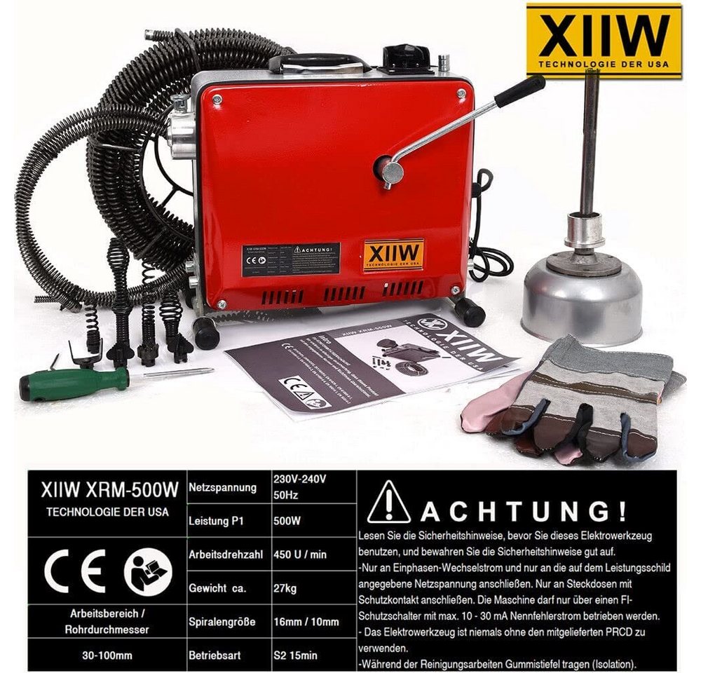 XERSEK Rohrreinigungsspirale 500W Rohrreinigungsmaschine Rohrreinigungsgerät für Ø30-100mm 8 Köpfe, Ø 16mm 39.5m Federspirale und Ø 10mm 5m Federspirale Bild 5