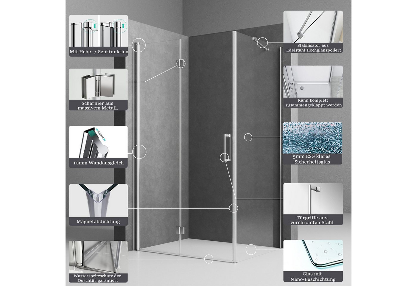 Boromal Eckdusche Duschkabine 90x90 80x80 Eckeinstieg Falttür Drehfalttür Seitenwand, BxT: 70x75 cm, Sicherheitsglas, Duschabtrennung, Duschwand Dusche Glas, 6mm ESG Nano Glas