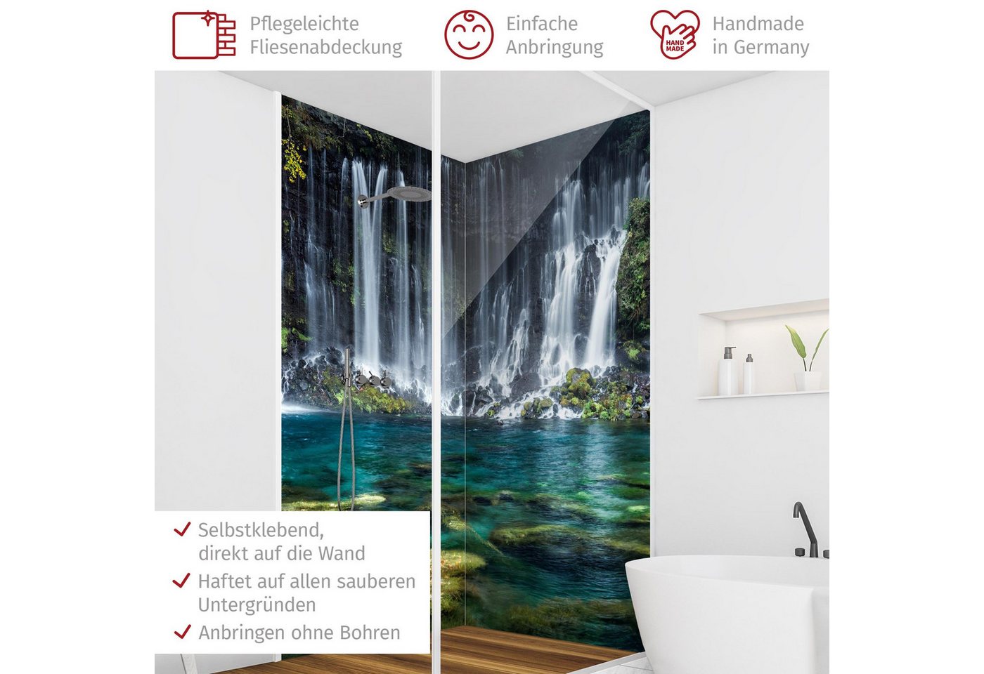Bilderdepot24 Duschrückwand Wasserfall petrol Duschrückwand ohne Bohren Wald Natur, (2-tlg., 0,61 mm starke Folie selbstklebend Wandpaneele Dusche versch. Größen), fugenlose & wasserfeste Motiv Rückwand Wandverkleidung für Duschkabine Bild 2