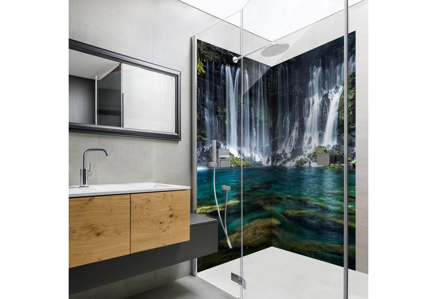 Bilderdepot24 Duschrückwand Wasserfall petrol Duschrückwand ohne Bohren Wald Natur, (2-tlg., 0,61 mm starke Folie selbstklebend Wandpaneele Dusche versch. Größen), fugenlose & wasserfeste Motiv Rückwand Wandverkleidung für Duschkabine Bild 5