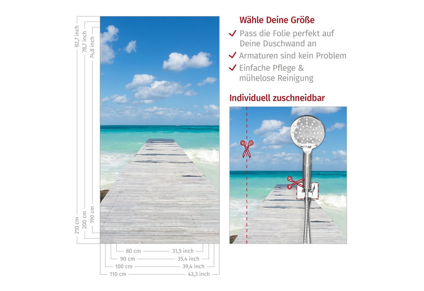Bilderdepot24 Duschrückwand Strand blau Duschrückwand ohne Bohren 3D-Optik Natur Meere, (1-tlg., 0,61 mm starke Folie selbstklebend Wandpaneele Dusche versch. Größen), fugenlose & wasserfeste Motiv Rückwand Wandverkleidung für Duschkabine