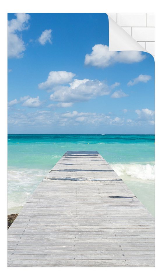 Bilderdepot24 Duschrückwand Strand blau Duschrückwand ohne Bohren 3D-Optik Natur Meere, (1-tlg., 0,61 mm starke Folie selbstklebend Wandpaneele Dusche versch. Größen), fugenlose & wasserfeste Motiv Rückwand Wandverkleidung für Duschkabine Bild 2