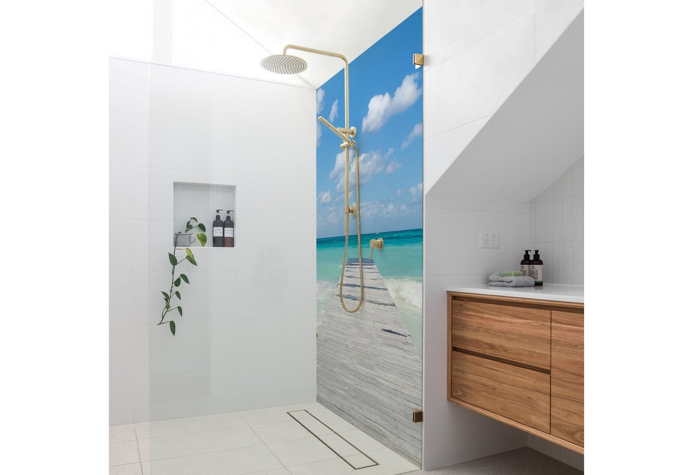 Bilderdepot24 Duschrückwand Strand blau Duschrückwand ohne Bohren 3D-Optik Natur Meere, (1-tlg., 0,61 mm starke Folie selbstklebend Wandpaneele Dusche versch. Größen), fugenlose & wasserfeste Motiv Rückwand Wandverkleidung für Duschkabine Bild 3