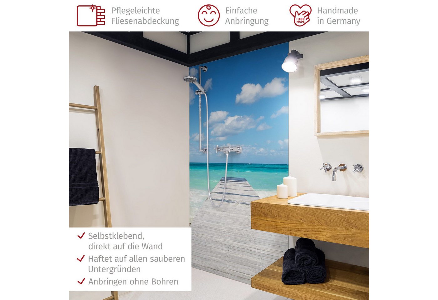 Bilderdepot24 Duschrückwand Strand blau Duschrückwand ohne Bohren 3D-Optik Natur Meere, (1-tlg., 0,61 mm starke Folie selbstklebend Wandpaneele Dusche versch. Größen), fugenlose & wasserfeste Motiv Rückwand Wandverkleidung für Duschkabine Bild 5
