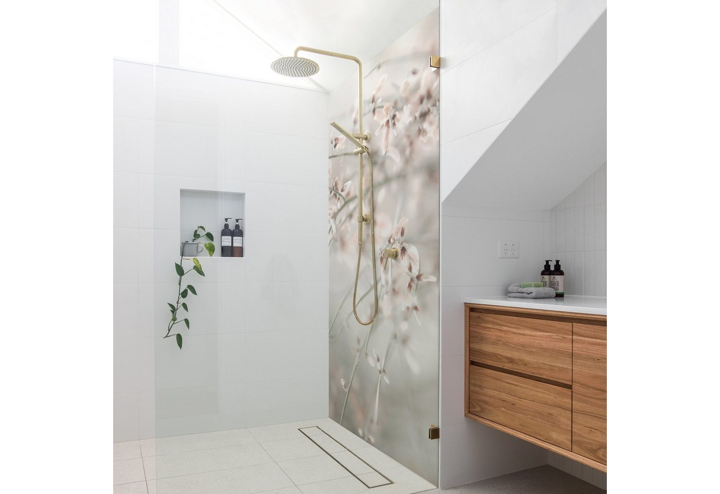 Bilderdepot24 Duschrückwand Landhausstil beige Duschrückwand ohne Bohren Tropisch, (1-tlg., 0,61 mm starke Folie selbstklebend Wandpaneele Dusche versch. Größen), fugenlose & wasserfeste Motiv Rückwand Wandverkleidung für Duschkabine Bild 4