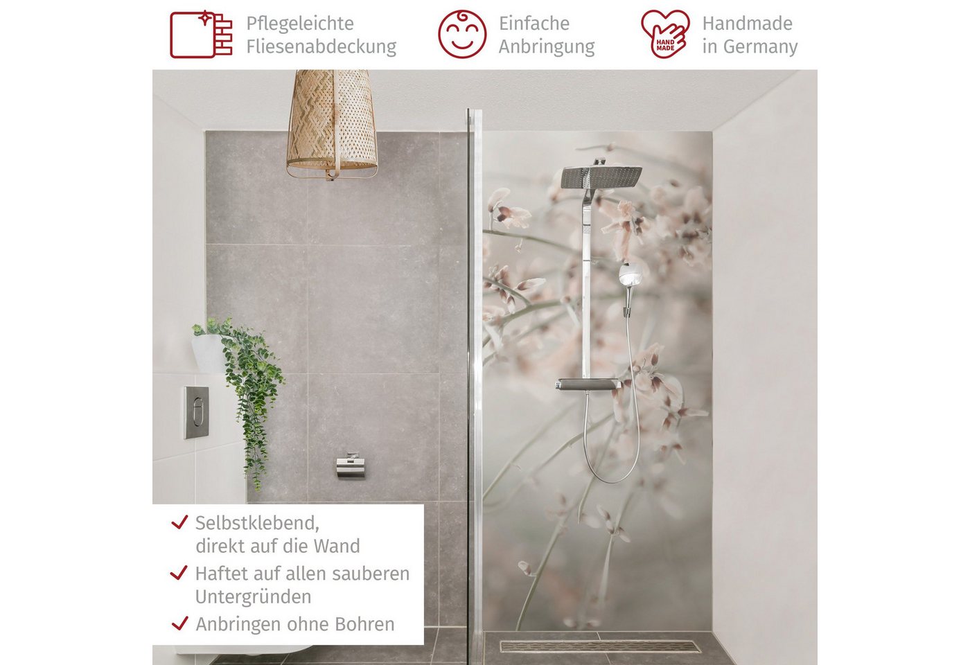 Bilderdepot24 Duschrückwand Landhausstil beige Duschrückwand ohne Bohren Tropisch, (1-tlg., 0,61 mm starke Folie selbstklebend Wandpaneele Dusche versch. Größen), fugenlose & wasserfeste Motiv Rückwand Wandverkleidung für Duschkabine Bild 5