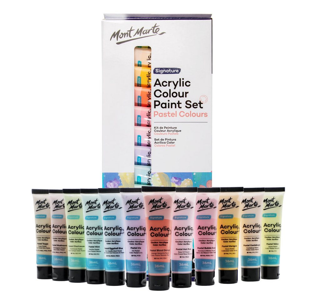 Mont Marte Acrylfarbe Pastell Set 12 / 18 / 24 / 48 x 36 ml –Deckkraft & Seidenmattes Finish, Pastellfarben für Leinwand, Karton, Papier, Ton, Holz, Steine uvm.