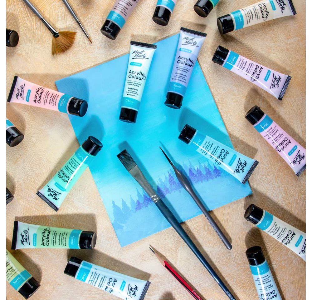 Mont Marte Acrylfarbe Pastell Set 12 / 18 / 24 / 48 x 36 ml –Deckkraft & Seidenmattes Finish, Pastellfarben für Leinwand, Karton, Papier, Ton, Holz, Steine uvm. Bild 2