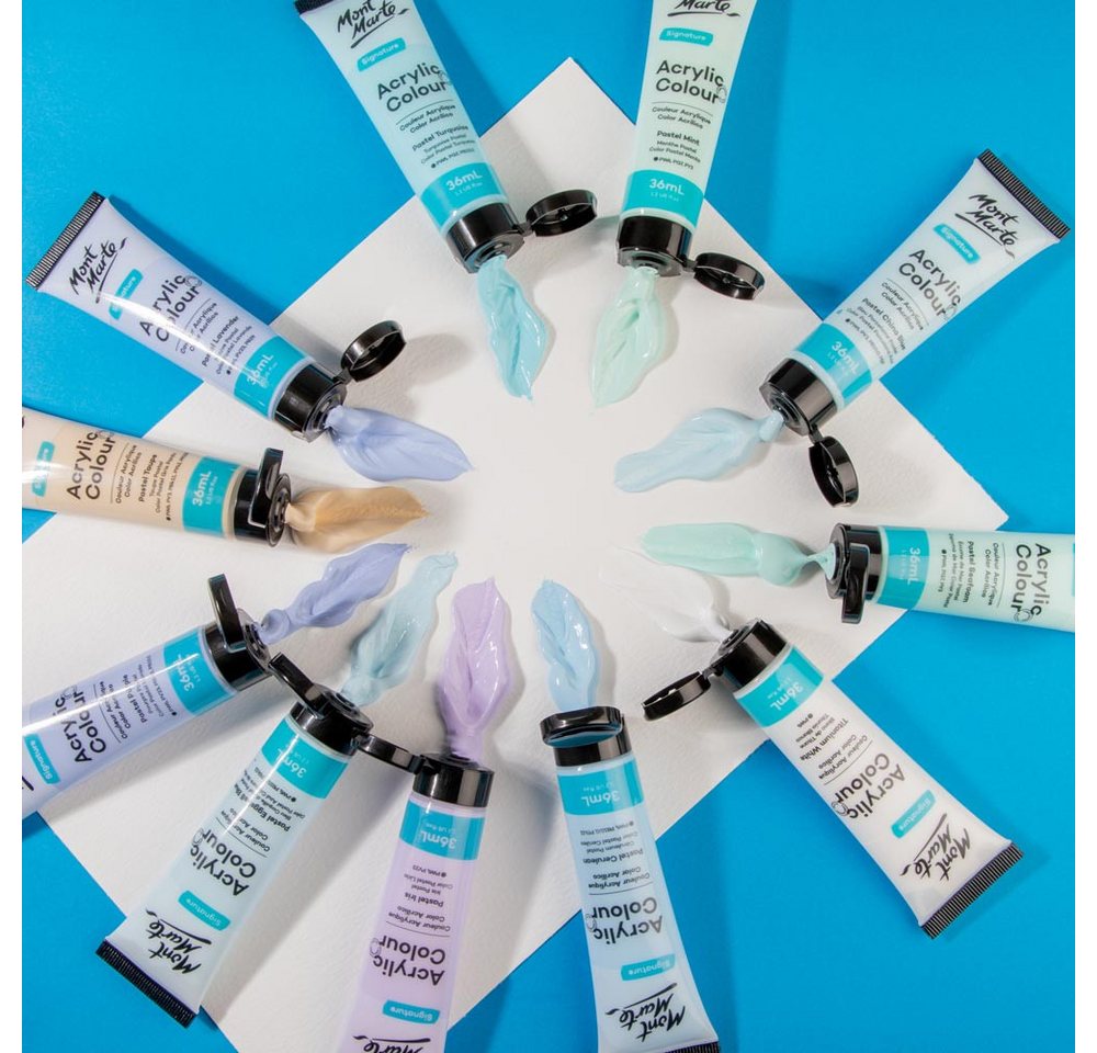 Mont Marte Acrylfarbe Pastell Set 12 / 18 / 24 / 48 x 36 ml –Deckkraft & Seidenmattes Finish, Pastellfarben für Leinwand, Karton, Papier, Ton, Holz, Steine uvm. Bild 3