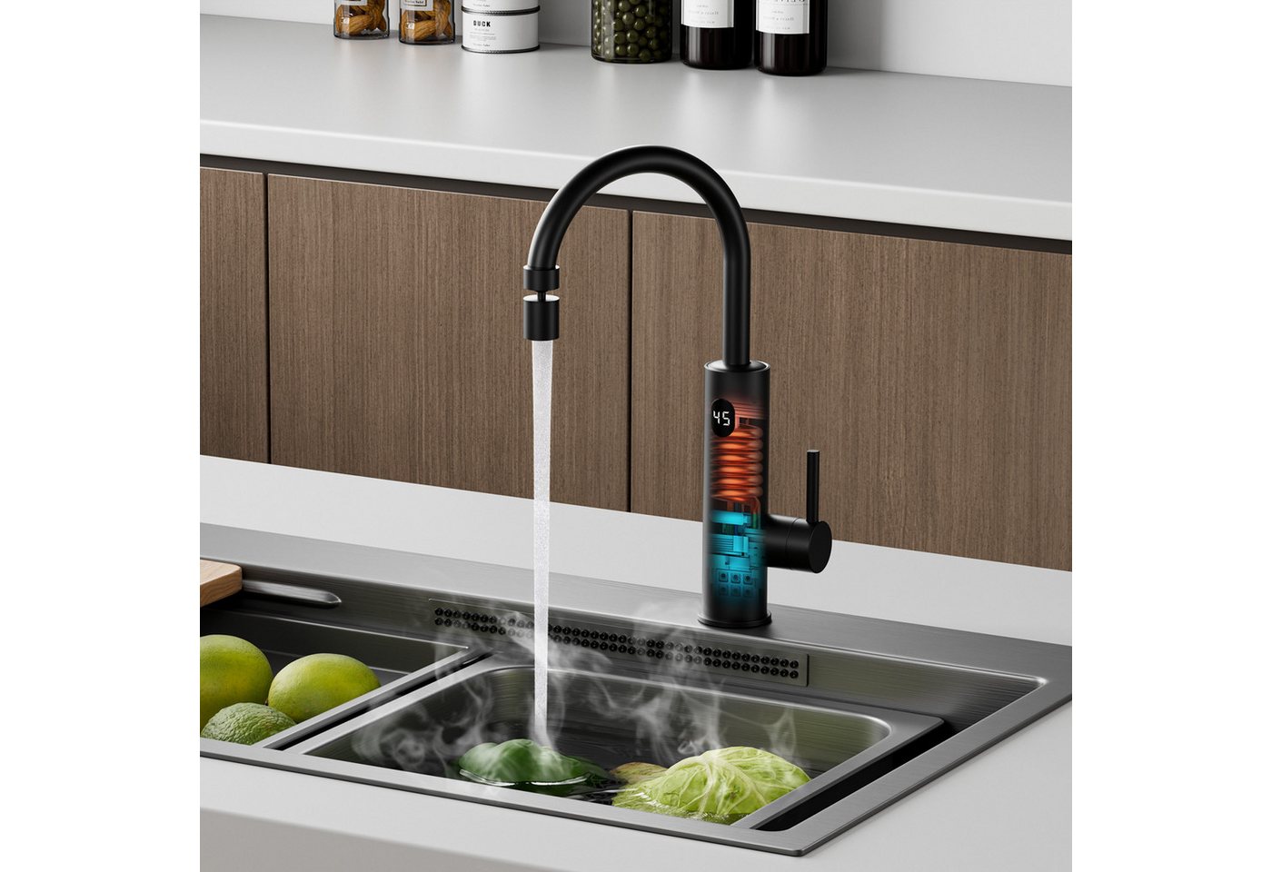 Oihpaw Durchlauferhitzer Wasserhahn Mit Durchlauferhitzer Elektrischer Wasserhahn, 3000W Temperaturanzeige elektrischer wasserhahn, Wasserhahn küche 360° schwenkbar Bild 5