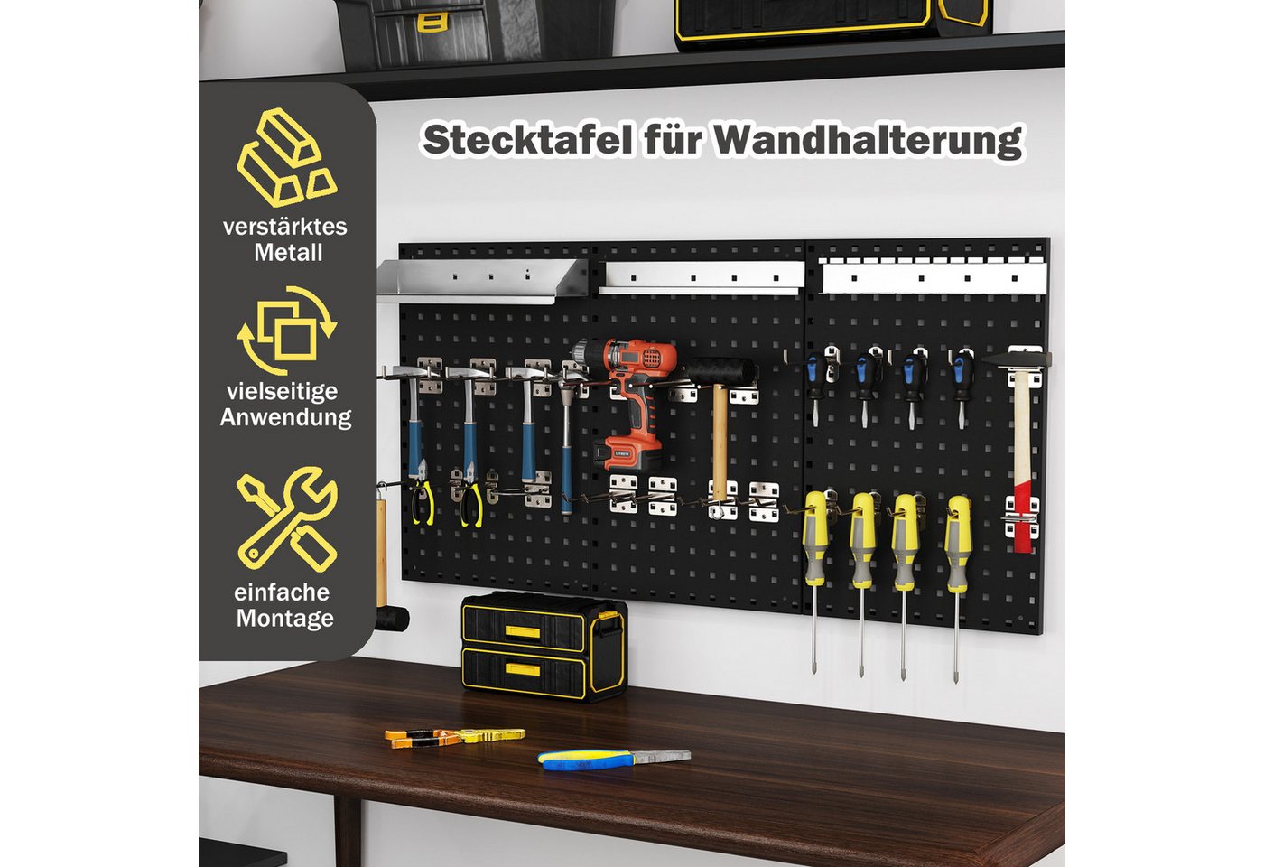 COSTWAY Lochwand, 3 Stk., mit 25 Haken, mit 3 Stecktafeln & 28-teilige hängende Zubehörteile Bild 3