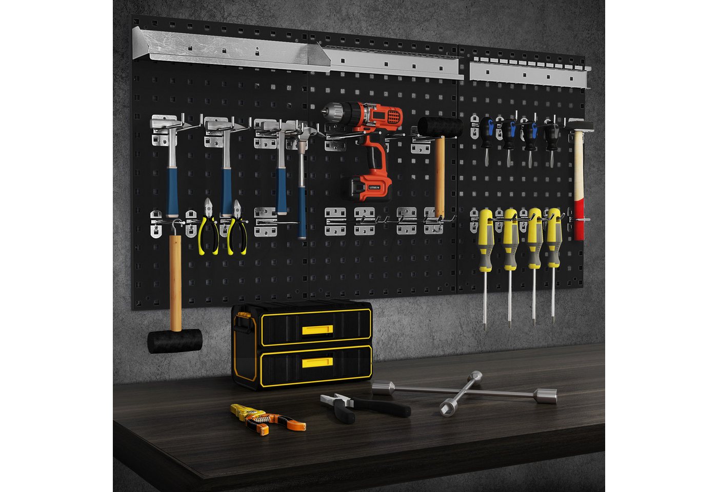 COSTWAY Lochwand, 3 Stk., mit 25 Haken, mit 3 Stecktafeln & 28-teilige hängende Zubehörteile Bild 5